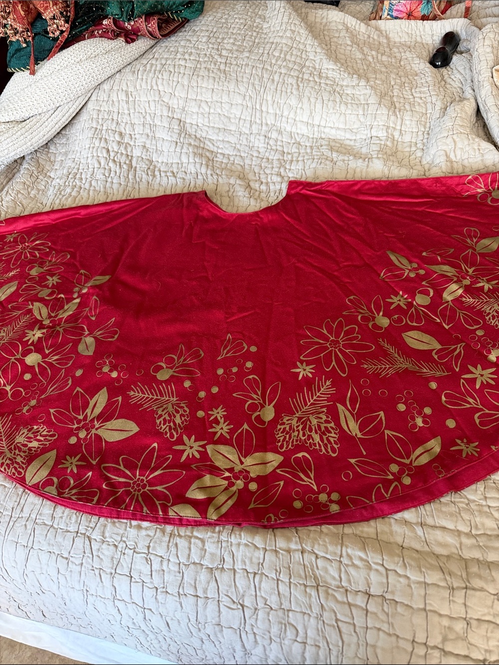 Red Holiday Tree Skirt with Gold Floral stencil large button clasp